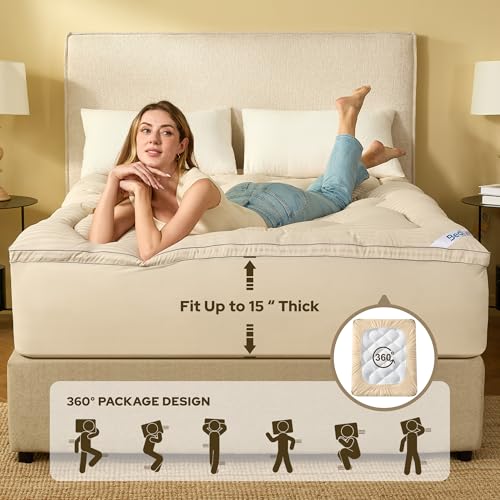 Image of BEDLORE Full Mattress Topper, Thick Pillow Top Pad for Back Pain Relief, Soft Mattress Cover with Deep Pockets 6-15 inch（Beige）