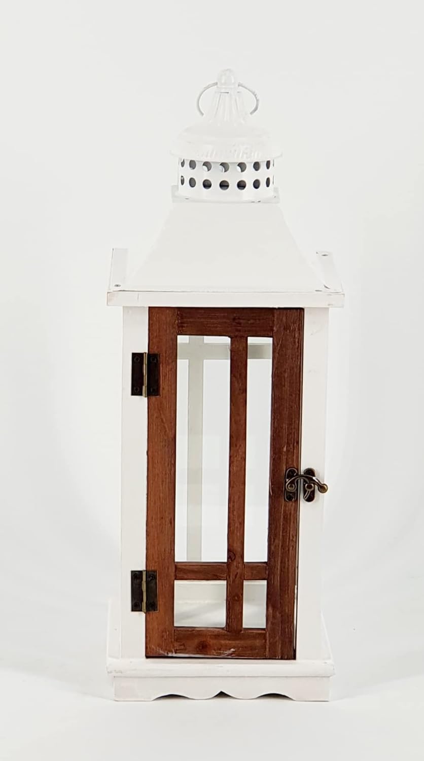 2 er-Set Laternen, Windlichter, Holz, Metall, Antik, weiß-braun mit 2 Kerzen - H48/72cm