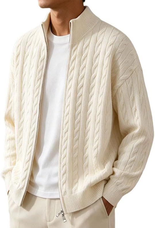 Mens Cable Knit Stand Collar Cardigan Long Sleeve Full Zip Jacket