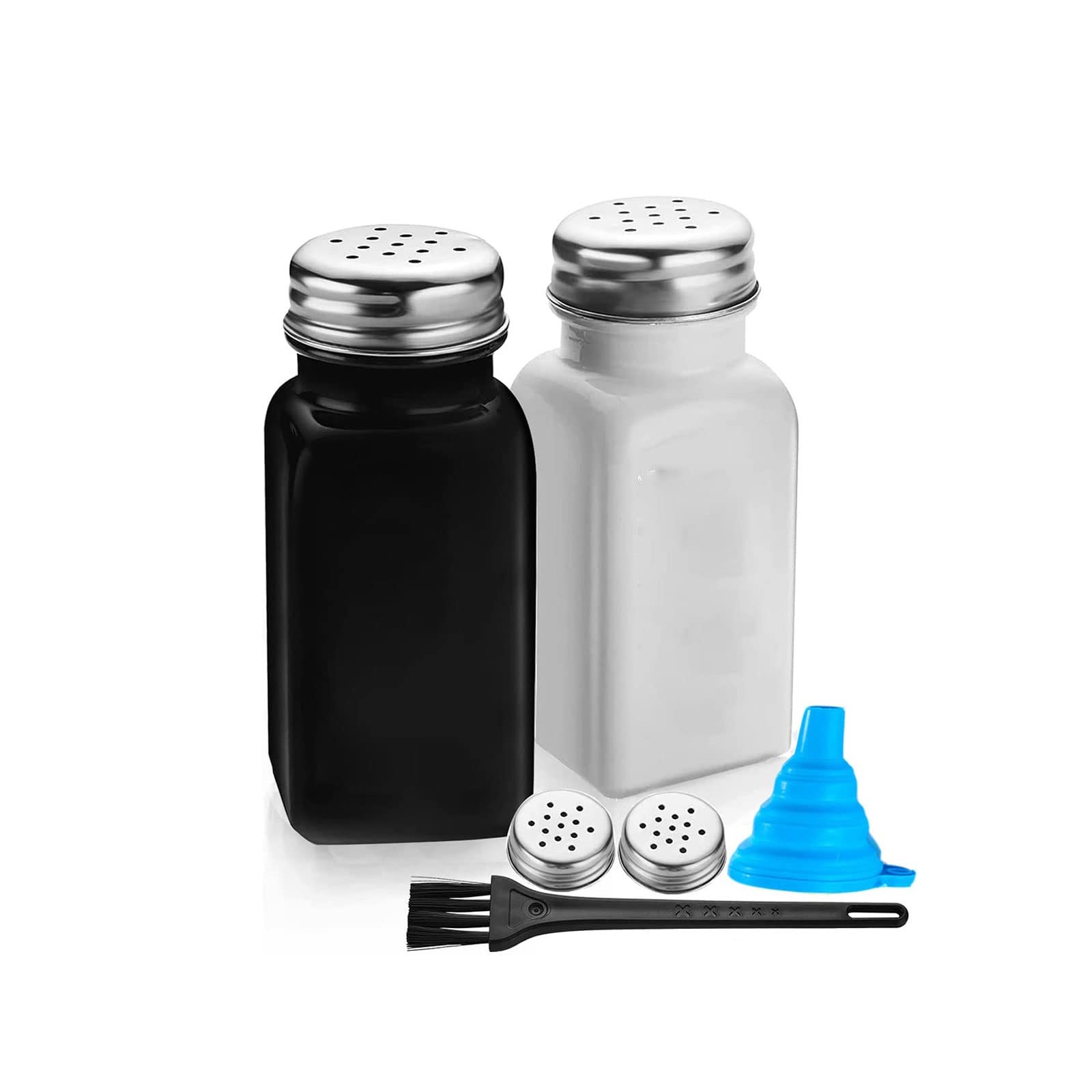 Juego de 2 saleros y pimenteros vintage de vidrio negro y blanco con tapa de acero inoxidable, botellas dispensadoras de condimentos para Kichen