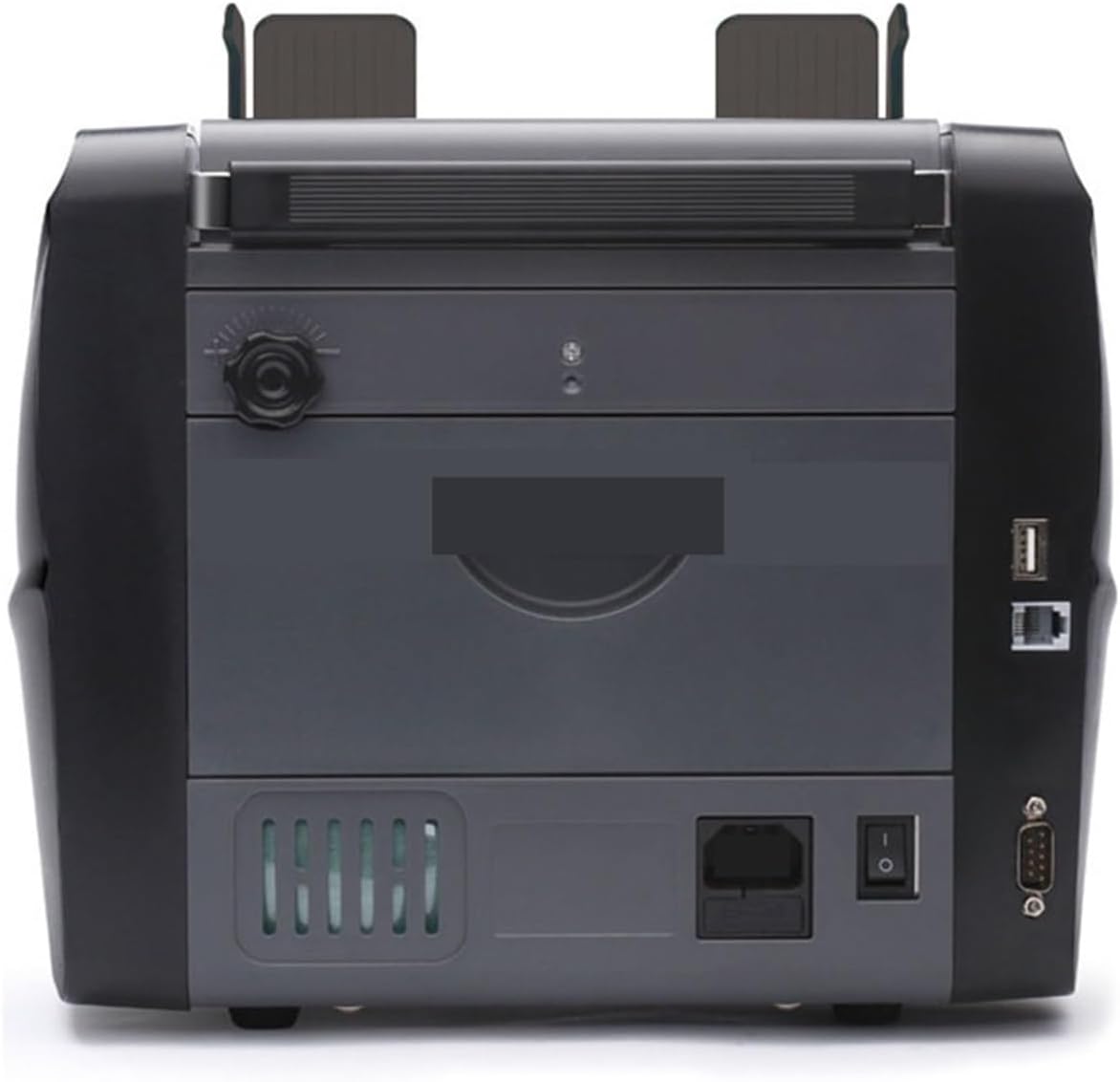 Rear view of the WESLNN Double-CIS Banknote Counter and Sorter, showing power input, USB, Ethernet, and serial ports.