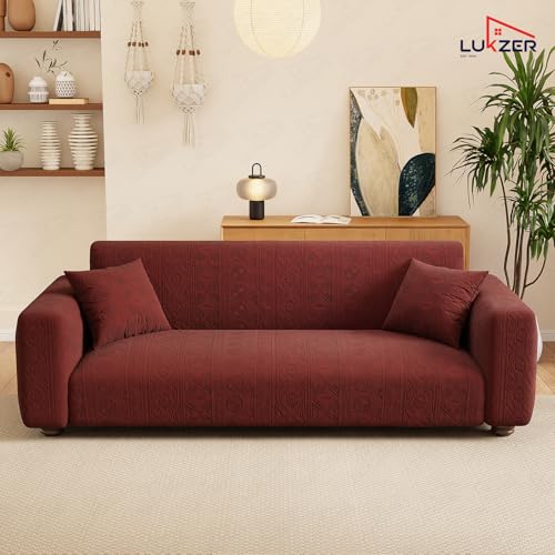 Image of Lukzer 4 Seater Pastel Deep Maroon Tribal Pattern Sofa Cover | 240 GSM Universal Stretch Fit Jacquard Fabric Couch Protector | Fully Covered Anti Slip & Washable Sofa Cover (230-300cm /SC-135-04)