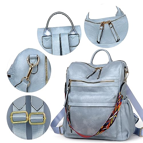 Image of Dora & Liz Women Backpack Purse, Fashion Leather Designer Ladies Rucksack, Convertible Travel Shoulder Bag with Colorful Strap, Blue, Medium