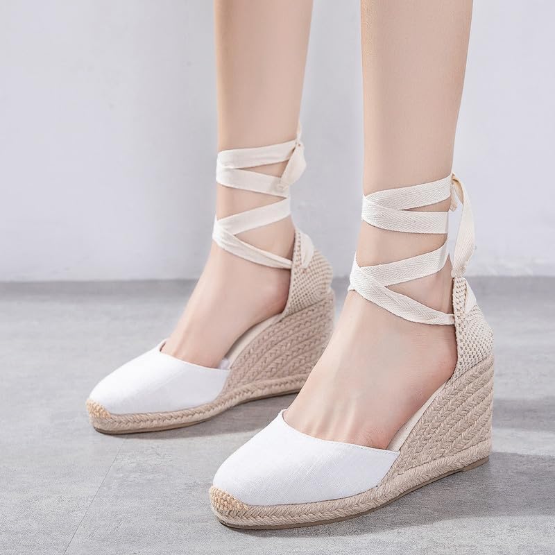 U-lite Womens Espadrille Wedge Sandals Closed Toe Platform Lace Up Ankle Strap Slingback Summer Dress Shoes - Image 3