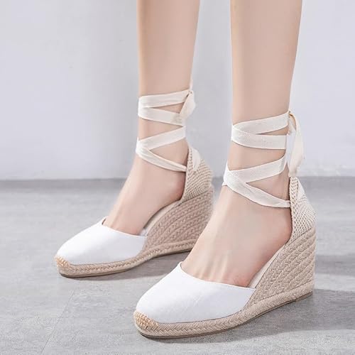 U-lite Sandália feminina espadrille rasteira fechada no tornozelo, cadarço clássico verão elegante s