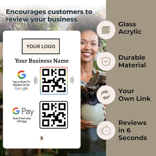 Image of Combo Standee for Review & UPI Payment | NFC Tap-to-Review + QR Code for Payment | Custom Acrylic Stand with Logo & Name | Dual Function Counter Display