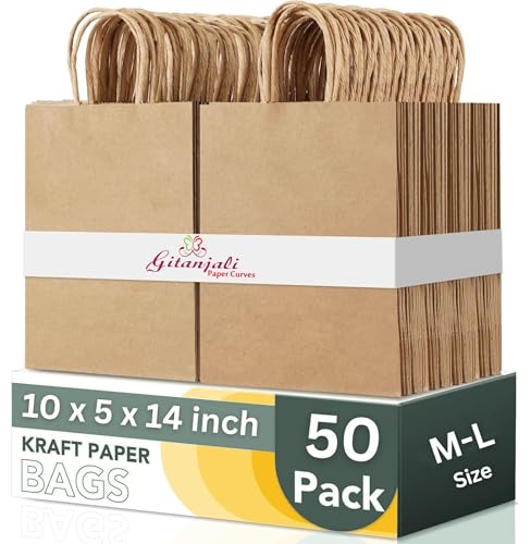Image of Disposable Kraft Paper Bags 10X14X5 Inches(Brown) 50Pcs -Shopping Merchandise Grocery Retail Paper Carry Bags -Recycled Eco Friendly Paper Bags(50 Pcs)