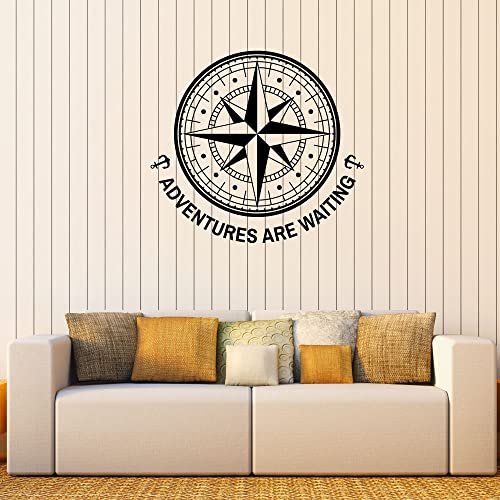 Adventures Are Waiting Vinyl Wall Decal Compass Tourism Lettering Stickers Mural (K085) Black #TOP26