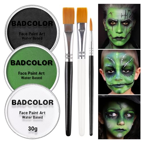 White Black Green Face Body Paint with Painting Brushes Halloween Makeup Set, Water Based Facepaint...