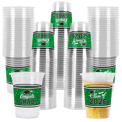 Gatherfun Class of 2026 Celebration - 100 Pcs 16oz Green Graduation Plastic Cups for Sturdy & Durable Drinkware for Grad Festivities | Essential Graduation Party Supplies & Decorations