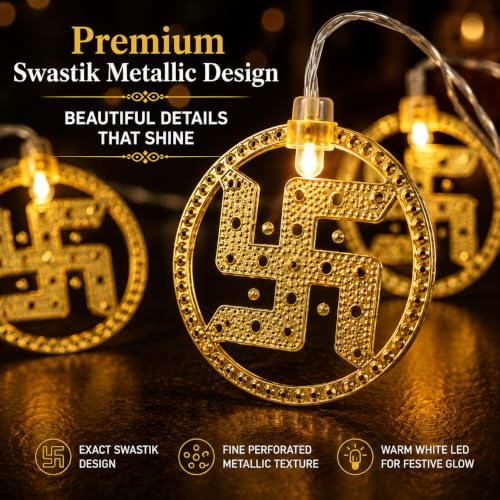 Image of MoonlitDreams 10 Swastik LED String Lights, 3 Meter Golden Metallic Decorative Lights for Diwali Decoration, Home, Mandir & Pooja Room, Festive Ambient Lighting (Plug-in)