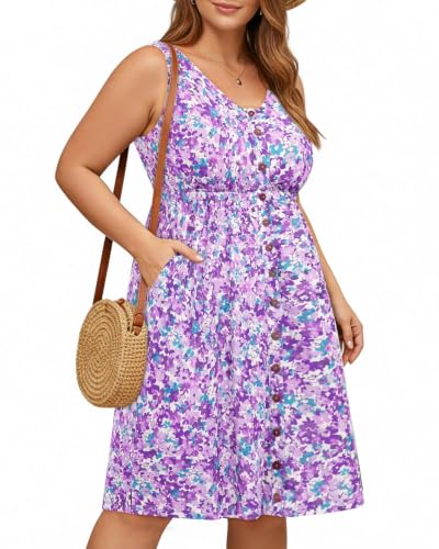Image of Holipick Women's Plus Size Summer Dresses for Women Casual Dress with Pockets A-Line Swing Button Down Sleeveless V Neck