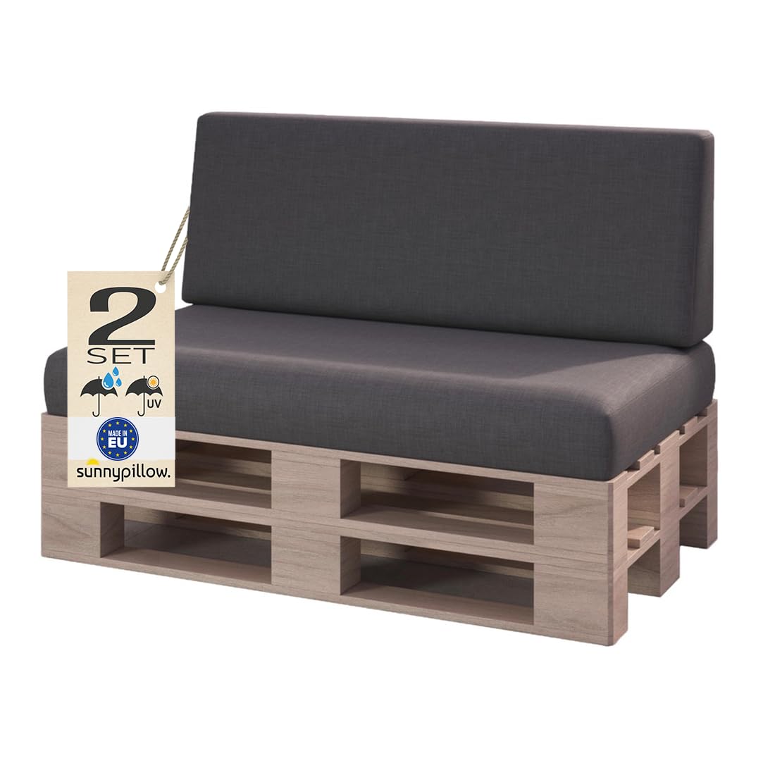 sunnypillow Palettenkissen Outdoor, wasserdicht, UV-lichtecht - 2er Set - Palettenauflage für Palettensofa für Haus, Garten - Palettenpolster für Palettenmöbel - Rückenkissen & Sitzkissen Anthrazit