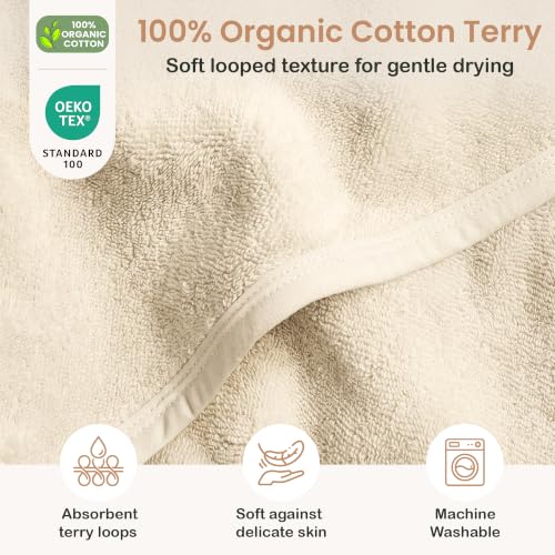 Image of 100% Organic Cotton Woven Hooded Baby Towels Absorbent 31x31 in | Oeko-TEX Certified, Bath & Hooded Towels, Baby Bath Towels, Hooded Towels For Kids, Ivory, Unisex Design, Soft plush feel