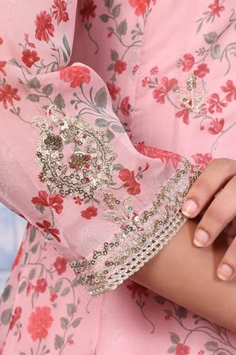 Image of W for Woman Pink Floral Printed Dori Embroidered Organza Flared Kurta, Straight Pant And Dupatta Set