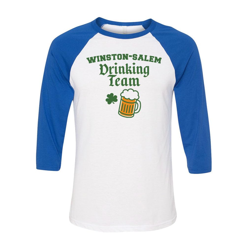 TeesAndTankYou Winston-Salem Drinking Team St. Patrick's Day Three-Quarter Raglan Sleeve Baseball Shirt Unisex 2X-Large White/Royal