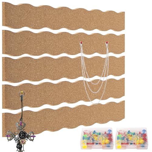 Umbrotiger 5 Pack Wave Cork Board Set with 50 Push Pins Self-Adhesive Thick Strips Kit for Office Classroom Home Walls, Decorative Message Board Group