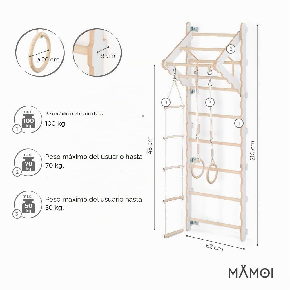 MAMOI® Espalderas Gimnasio para casa (L/XL/XXL) y aditivos | Espaldera Gimnasio de Madera Yarnwood | Espalderas Gimnasio de Interior diseño Moderno | Escalera Sueca | Barra Gimnasia | 100% Eco