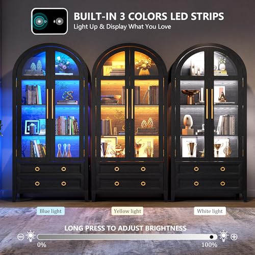 LVSOMT Gewölbte Glasvitrine mit LED Beleuchtung, 180cm Vitrinenschrank mit Glastüren, Bogen Vitrine mit 4 Display Regale und 2 Schubladen, 3 Farbe Licht, Vitrine Glas Holz Wohnzimmer Flur, Schwarz