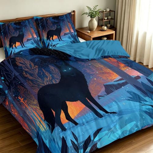 Housse de couette 140x200 loup noir avec 2 taies d'oreiller pour ado