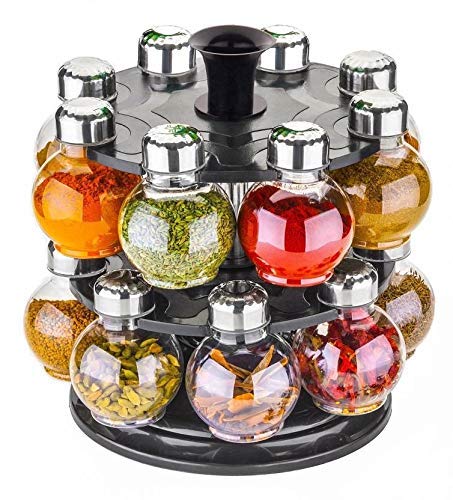 Manor Enterprise Multipurpose Revolving Plastic Spice Rack 16 Piece Condiment Set, Silver Finish (Clear)