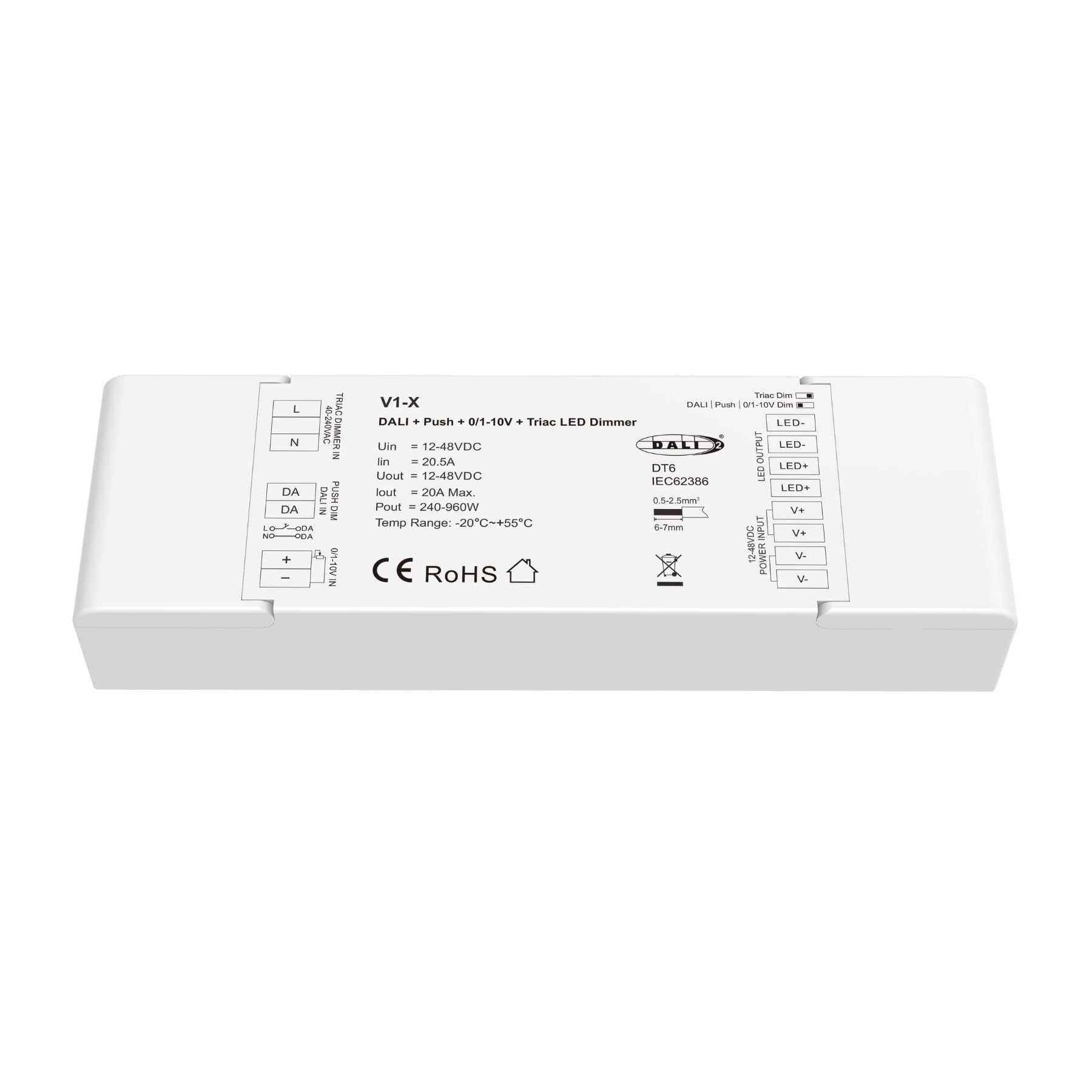 Sterownik ściemniacza LED, DALI-2 Triac AC Push DIM 0/1-10V Przycisk NO, 12 24V 36V 48V 20A, do jednobarwnego paska LED, 179 x 56 x 30 mm