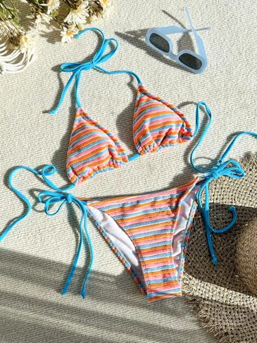 ZAFUL Women's Colorful Stripes Halter Flocking Textured Triangle Tie Side String Bikini Set High Cut Two Piece Bathing Suit3