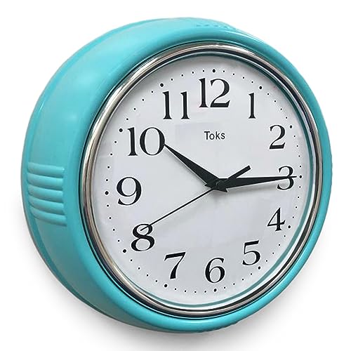 Lily's Home Retro Wall Clock, 9.5 Inch Vintage Design, Silent Non-Ticking Quartz Movement, Battery Operated, Perfect for Kitchen, Living Room, Office, and Indoor Use (Turquoise)