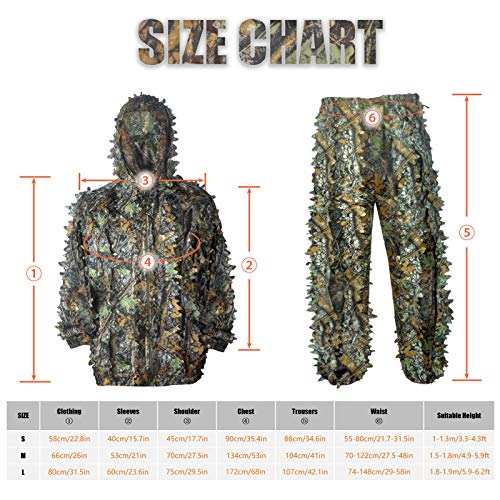 3D Leaf Ghillie Suit Ghillie Jackets and Pants Camouflage Clothing Hooded Hunting Suits for Children Youth Adult Airsoft Paintball Shooting Airsoft Wildlife Photography Halloween (Medium, Camouflage)