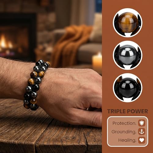 Joyandcelet Triple Protection Bracelet, Healing Crystals Tigers Eye Black Obsidian Lava Stone 8mm Beads Bracelet for Men Women, Elastic Adjustable Crystal Jewelry Stone Bracelets Gifts for Men Women, Spiritual Healing( Exquisite Pouch) — view 3