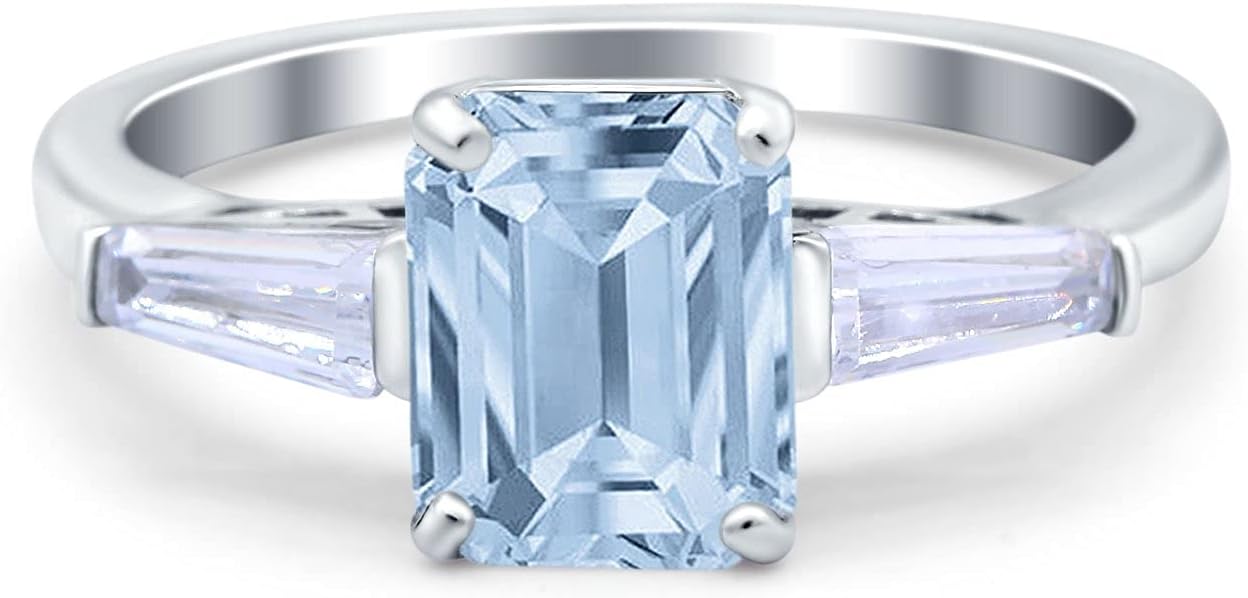 Blue Apple Co. Art Deco Wedding Bridal Engagement Ring Emerald Cut 8mmx6mm Baguette Three Stone Simulated Cubic Zirconia 925 Sterling Silver