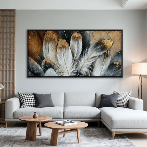 Image of Framed Feather Canvas Wall Art Modern Living Room Bedroom Wall Decoration Large Canvas Painting Artwork for Home Decor White Gold Brown Feather Picture 24x48 Size
