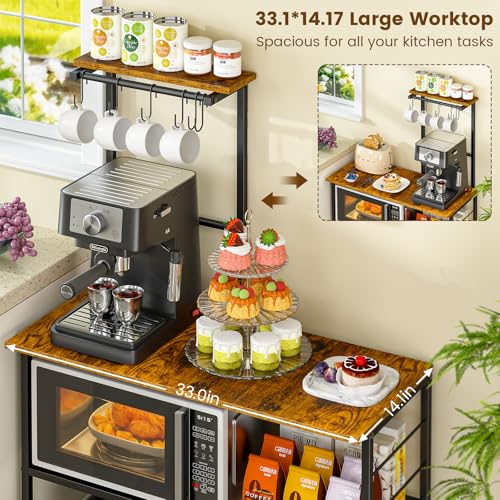 3IngSeagulls Bakers Rack with Storage, Kitchen Microwave Stand with Adjustable shelf and 6 S Hooks, 4-Tier Coffee Station Table, Kitchen Shelves for Spices, Pots, Rustic Brown - view 1