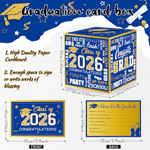 suonengongyi Blue and Gold 2026 Graduation Party Decorations, Blue and Gold Graduation Card Box With 48pcs Grad Advice Cards, Class of 2026 Card Boxes for Grad Party