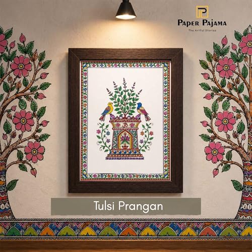 Image of PAPER PAJAMA Madhubani Vastu Tulsi Plant Wall Art for Living Room | Traditional Mithila Folk Painting with Birds & Om Motif | Indian Cultural Framed Decor for Home & Office (10x13 Inches)