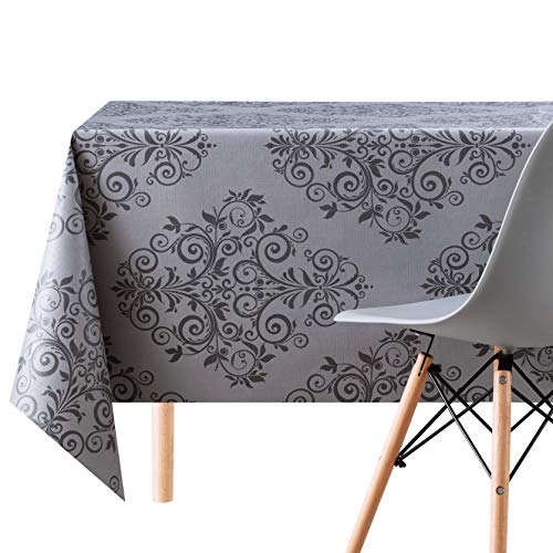 Mantel de hule de PVC, 200 x 140 cm, diseño de damasco en relieve, grueso, rectangular, lavable, color gris oscuro y negro