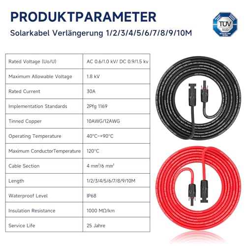 SORLPV SOLARKABEL 4MM², PV VERLÄNGERUNGSKABEL 2M MIT BUCHSEN UND SOLARSTECKER, 12AWG SOLARKABEL VERLÄNGERUNG, IP68 WASSERDICHTEM PHOTOVOLTAIK KABEL STECKER FÜR SOLARSYSTEME (ROT/SCHWARZ)