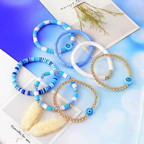 Heishi Surfer Bracelets Set Colorful Preppy Smile Evil Eye Beaded Stretch Bracelets Clay Stackable Boho Disc Party Gifts Y2K Kidcore Aesthetic Summer Beach Bohemian Layering Bracelets Jewelry For Women Teen Girls (A) #TOP1