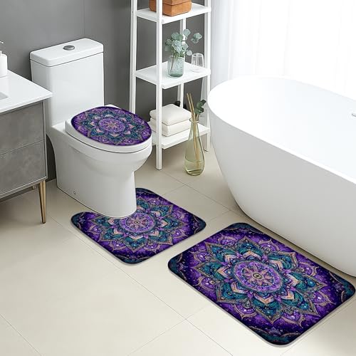 Juego de 3 alfombrillas de baño bohemias, patrón de mandala colorido, absorbentes, antideslizantes, en forma de U, lavables, artísticas, de franela de secado rápido