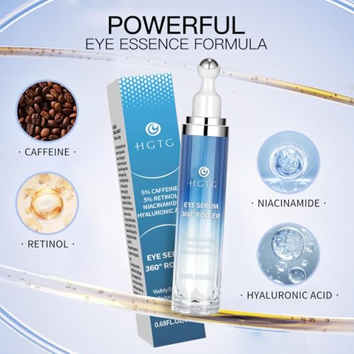 HGTG Eye Serum with 5% Caffeine & 5% Retinol for Dark Circles, Puffiness Puffy Bags & Wrinkles Fine Lines - Under Eye Cream Anti Aging Treatment with 360° Massage Roller Ball for Men & Women