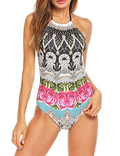 Ekouaer One Piece Swimsuit Halter High Neck Backless Womens Bathing Suit Tummy Control Swimwear Slimming(Black Red Geometry,L)