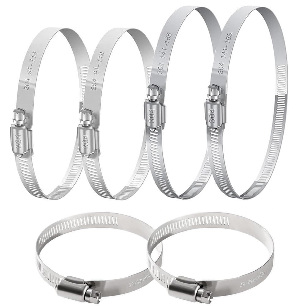 6 PCS Hose Clips 304 Stainless Steel Adjustable Worm Drive Hose Clamps 3 Assorted Sizes Hose Screws Pipe Clamps for Securing Hoses Pipes Tube(59-82mm/91-114mm/141-165mm)
