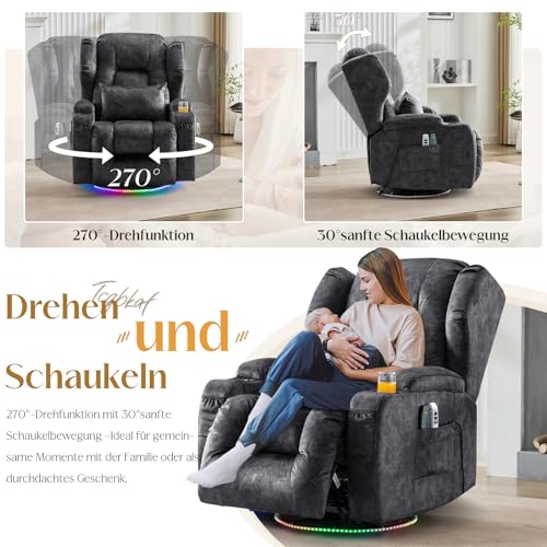 TCGBKAF Elektrischer Fernsehsessel Relaxsessel mit Liegefunktion,270°Drehsessel Kinosessel Massagesessel mit Wärmefunktion,TV Sessel Liegesessel fürs Wohnzimmer bis 150kg (Samtstoff, Grau) – Bild 5