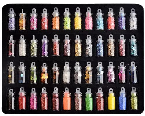 ayushicreationa Nail Art Decorations 48 Mini Glitter Glass Bottles Mixed Colors & Shapes Acrylic Nail Sparkle for Women and Girls Multicolor