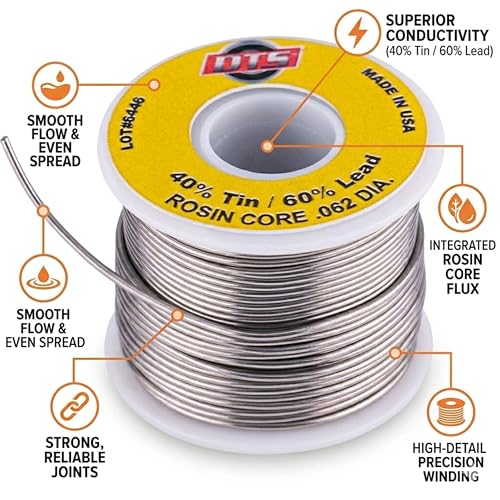 Image of DTS Solder Wire Tin Lead 40 /60 Rosin Core 0.062-inch (1.6mm) on Spool, 1 Pound - Made in USA (25 Pack)