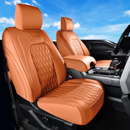 Image of Coverado Premium Leather Full Set Seat Covers Waterproof Heavy-Duty Protectors Custom Fit for Ford F150 (2015-2026) F250 /F350 /F450 (2017-2026)-Orange, Stain-Resistant