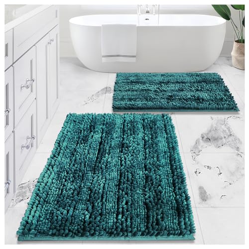Civkor Bathroom Rugs Sets 2 Piece Dark Teal Bath Mats for Bathroom Non Slip Washable 31x20 and 24x16 Inches Luxury Shiny Chenille Bath Rugs High Absorbent Water and Quick Dry for Doormat