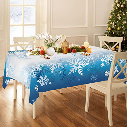 Snowflake Tablecloth 54"X108" Rectangle Blue White Snowflakes Fabric Dining Table Cover For Christmas Holiday Winter Wonderland Frozen Farmhouse Outdoor Picnic Camping Party Table Decor Supplies #TOP6