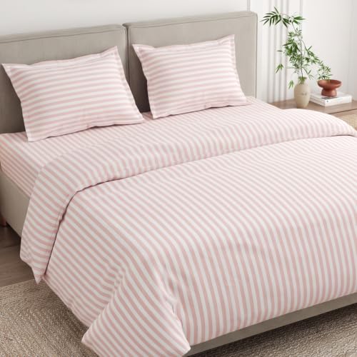 Image of Haus & Kinder Double Bed Bedsheet 90 x 100 | 186 TC Pure Cotton Bed Sheet Double Bed with 2 Pillow Covers | Queen Size Bed Sheet | Momoiro Stripe Peach Pink
