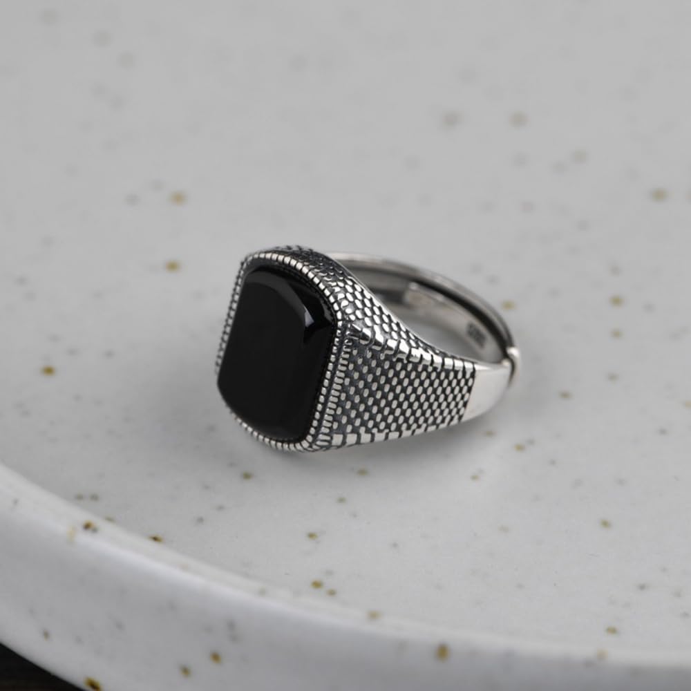 ForFox Anillo vintage de plata de ley 925 con ónix negro para hombre mujer diseño texturizado abierto ajustable